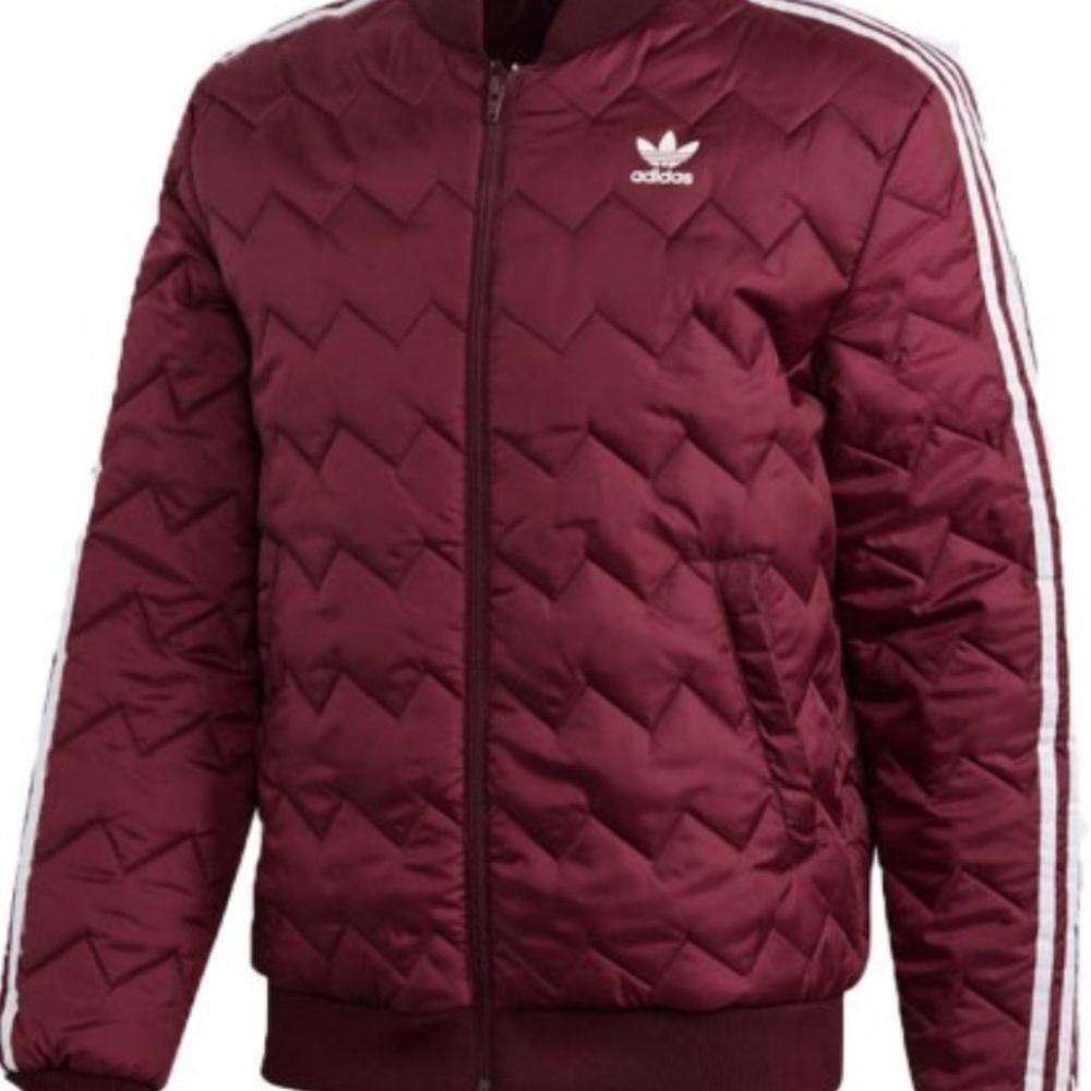Adidas Burgundy Quilted Jacket with White Stripes